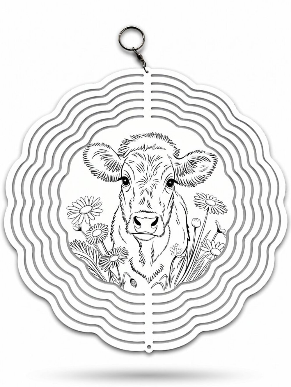 10" Daisy Calf Sketch Kinetic Wind Spinner - White Metal Hanging Yard Decor